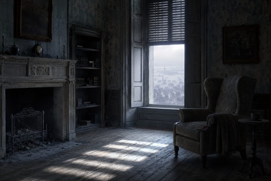 Concept art from The Ache — the cold sitting room at Thornhill