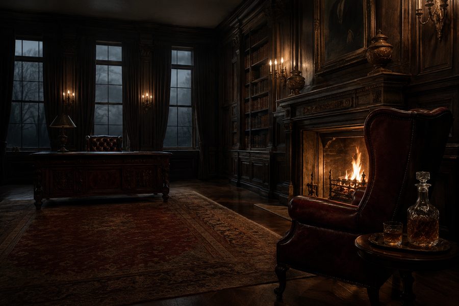 Concept art from The Ache — the study at Thornhill